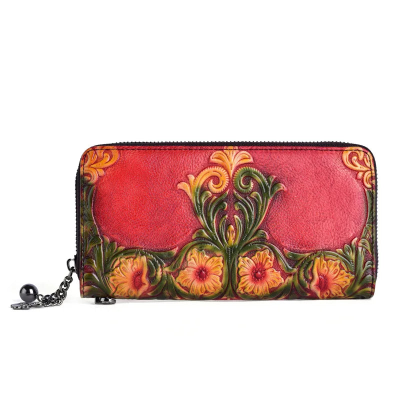 Women S Purse Cowhine Retro Embossed Handmade Large Capacity Multi-Functional Long Hand