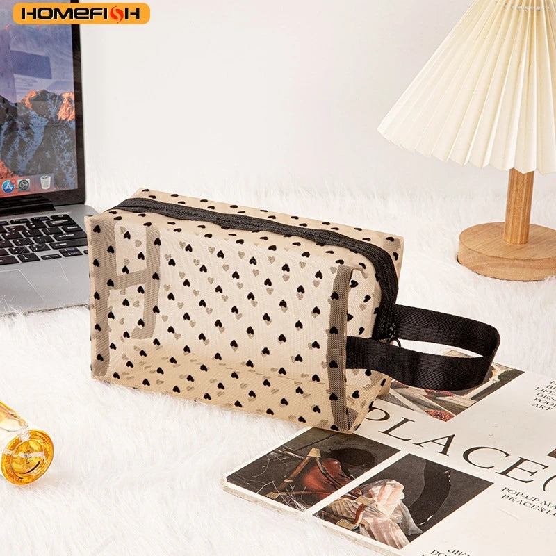 Homefish Heart Transparent Mesh Makeup Bag Multifunction Portable Women Cosmetic Storage Pouch