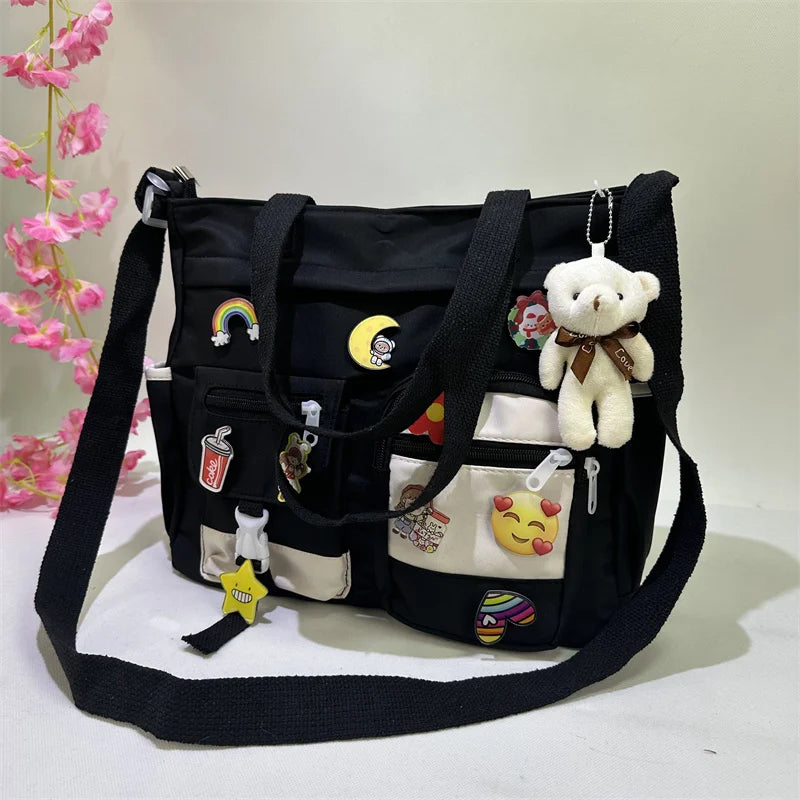 Waterproof Oxford Cloth Handbag Splicing Crossbody Bag Badge Pendant Women Shoulder Student School