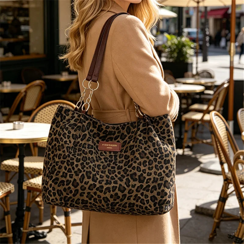 Chic Leopard Print Tote Bag Brown Leather Handles Silver Chain Accent Spacious Handbag Shoulder