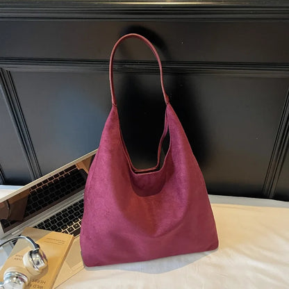 Faux Suede Tote Bag with Makeup Pouch – Large Capacity Women's Shoulder Bag