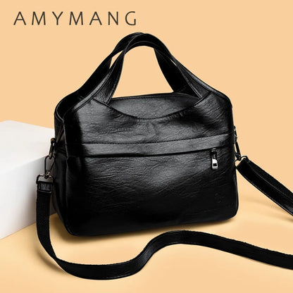 Washed Leather Crossbody Bag for Women – Multi-Pocket Shoulder Handbag