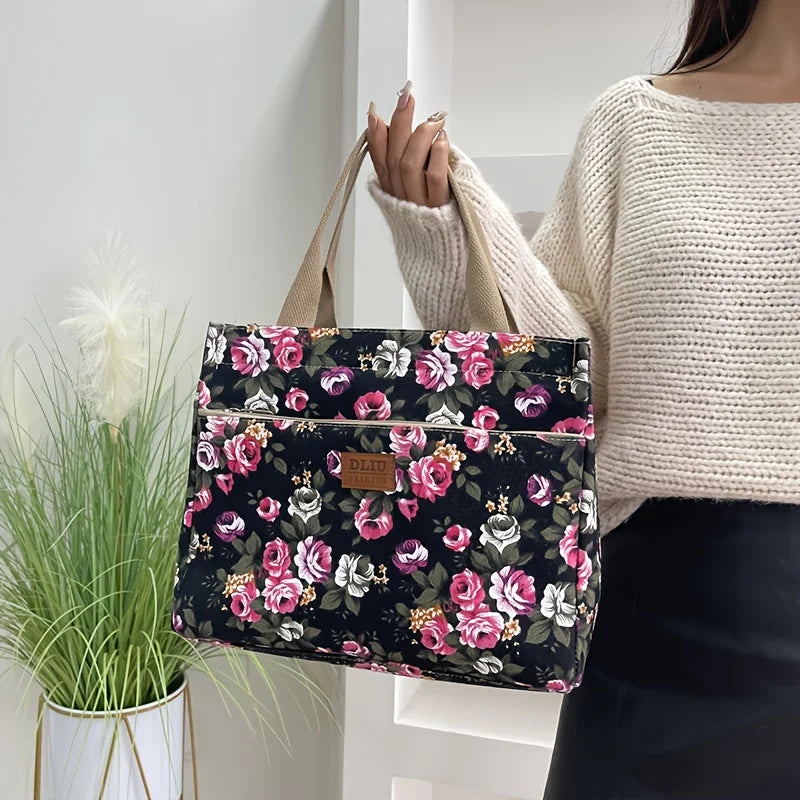 Floral Print Tote Bag Portable Canvas Lunch Bag Women S Casual Handbag Picnic Travel Designer Bags