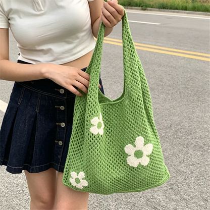 Crochet Flower Mesh Tote Bag - Summer Knitted Shoulder Handbag