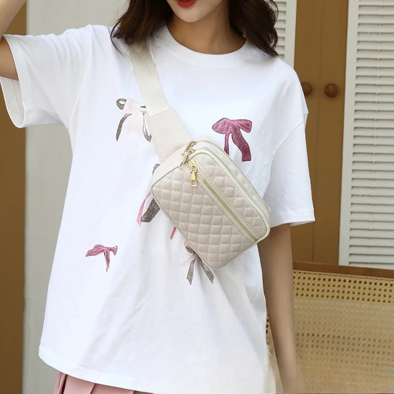 Waist Bag Women Embroidery Line Rhomb Shoulder Cross-Body Leisure All Match Breast Large Capacity