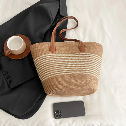 Spring Summer Casual Shoulder Bag Beach Vacation Tote Straw Woven Large Capacity Handbag Play Travel