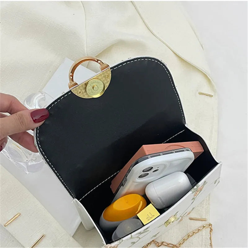 Pearl Chain Floral Embroidered Mini Shoulder Bag