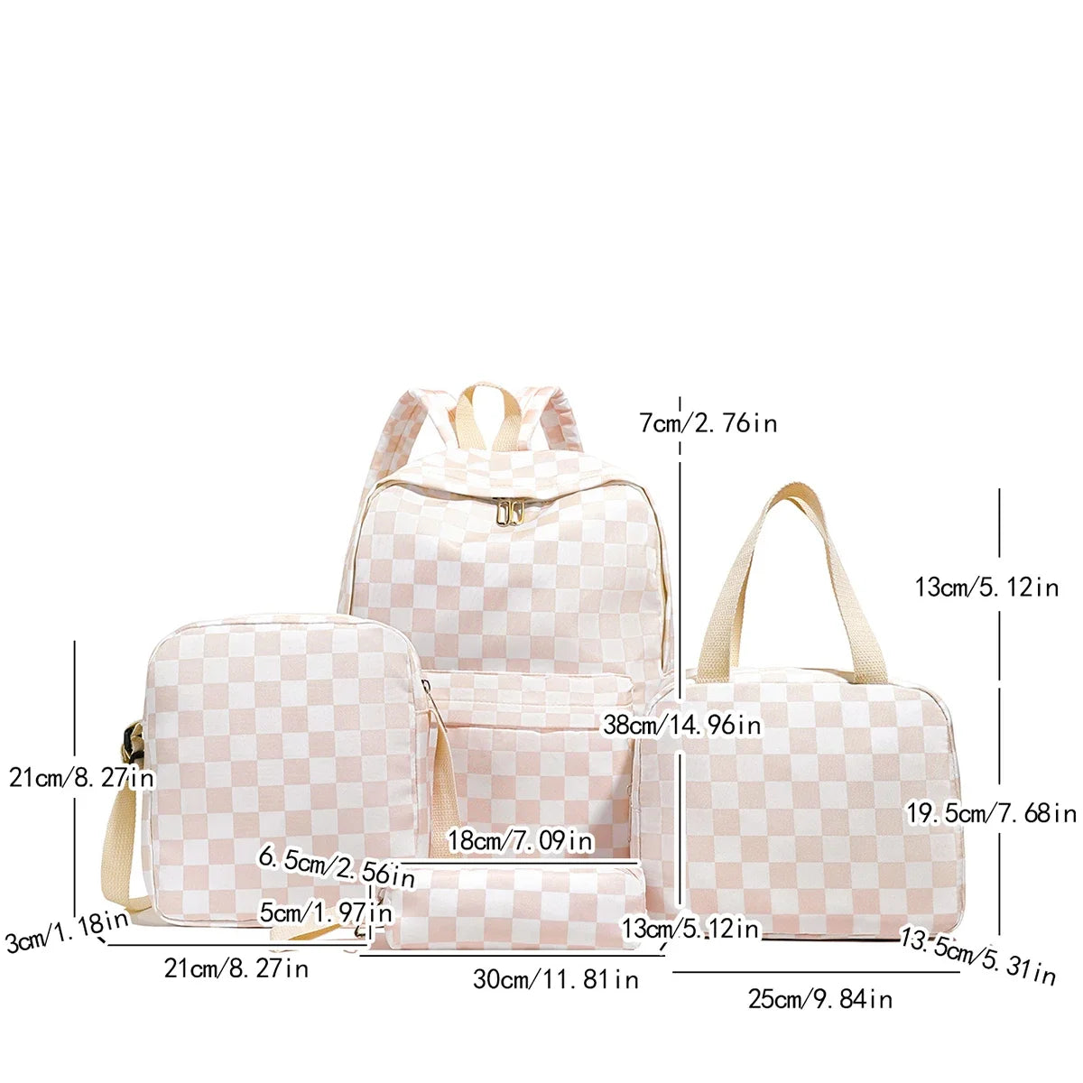 Checkerboard 4pcs Backpack Set Crossbody Handbag Pen Case Stitching Multi Pocket Adjustable Straps