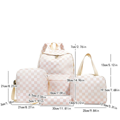 Checkerboard 4pcs Backpack Set Crossbody Handbag Pen Case Stitching Multi Pocket Adjustable Straps