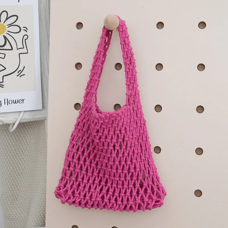 Macrame Net Tote Bag – Boho Knitted Cotton Rope Shoulder Bag