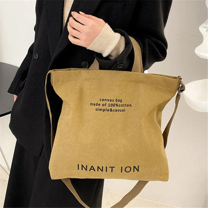 Retro Letter Print Tote Bag Trendy Canvas Crossbody Bag Literary Shoulder Bag School Work Travel