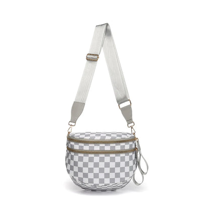 Checkered Saddle Crossbody Bag – Dual Zipper Shoulder & Waist Pack for Women