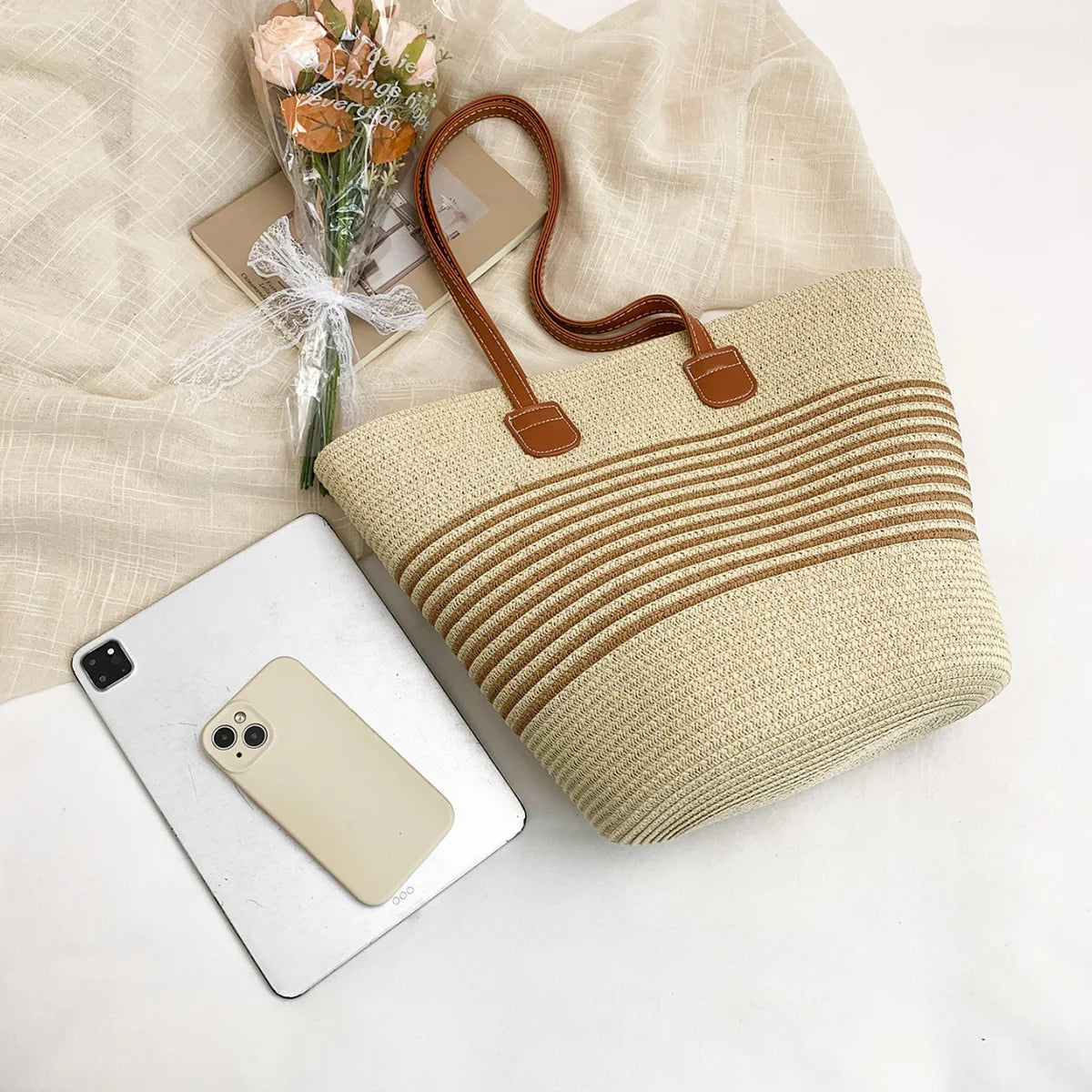 Vacation Fresh Women Tote Bag Solid Stripe Woven Shoulder Large Capacity Breathable Straw Handbag