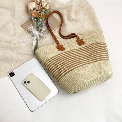 Vacation Fresh Women Tote Bag Solid Stripe Woven Shoulder Large Capacity Breathable Straw Handbag