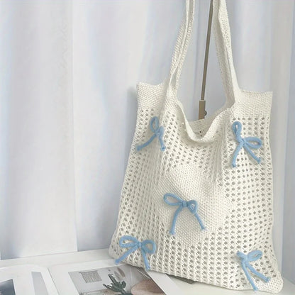 Crochet Tote Bag with Bow Accents – Preppy Knit Shoulder Bag