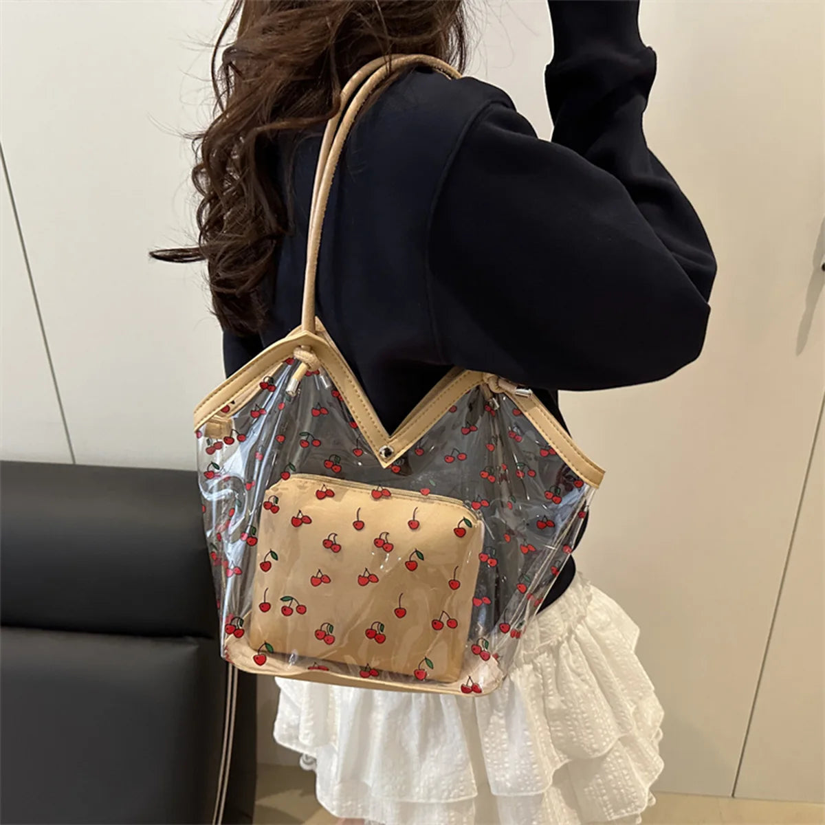 Women Tote Bag Transparent Pvc Cherry Pattern Shoulder Small Commute Shopping