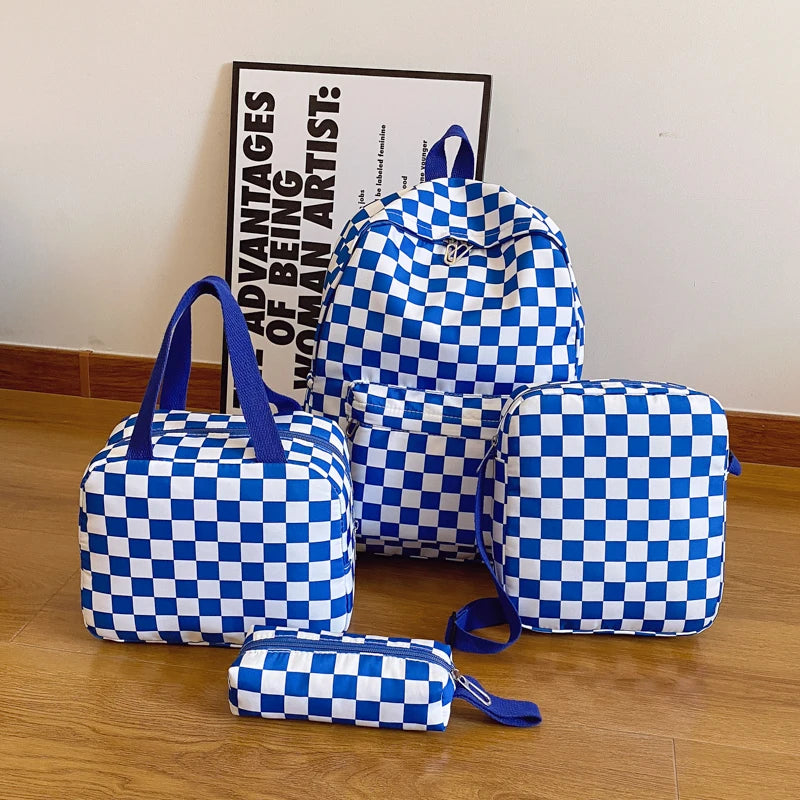 Checkerboard 4pcs Backpack Set Crossbody Handbag Pen Case Stitching Multi Pocket Adjustable Straps