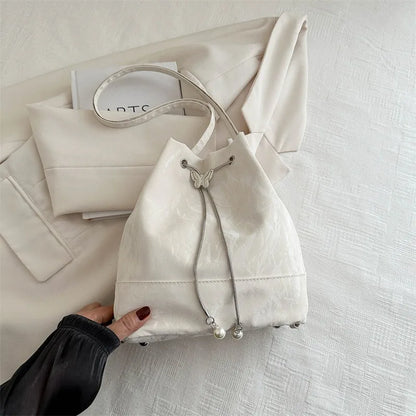 Drawstring Tote Bag Butterfly Pearl Convertible 2-In-1 Backpack Single Shoulder Purse - Soft
