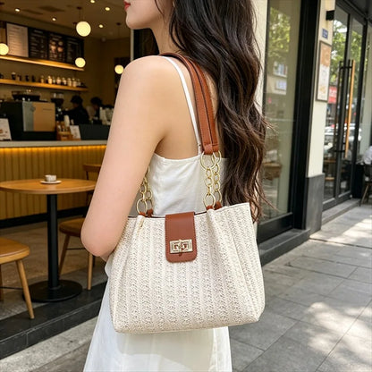 Stylish Straw Leather Tote Bag Gold Chain Grass Woven Women S Handbag Shoulder Bags Beach Days