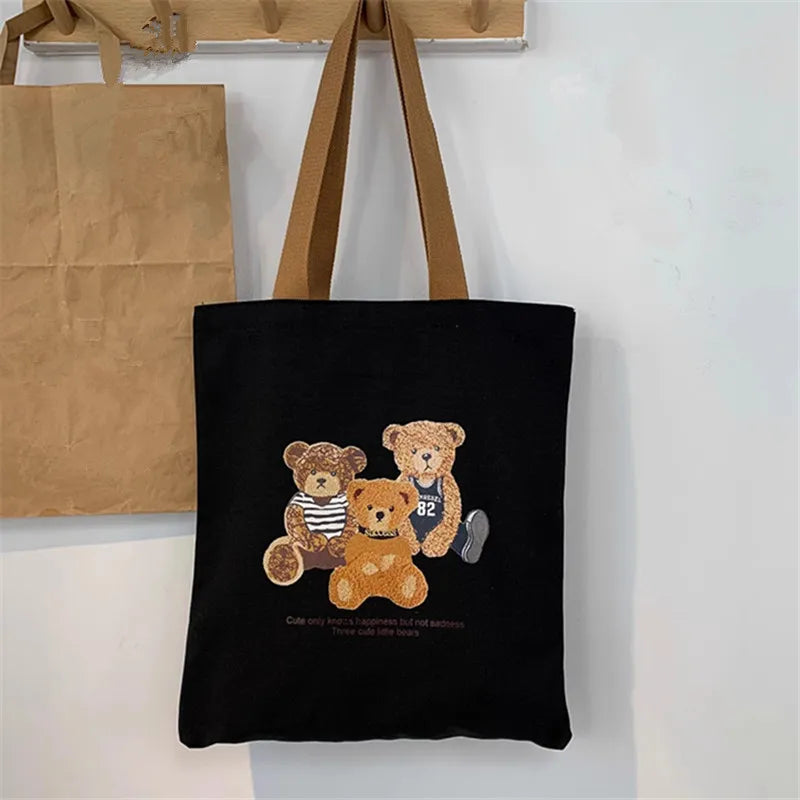 Bear Print Canvas Tote Bag – Large Capacity Shoulder Bag