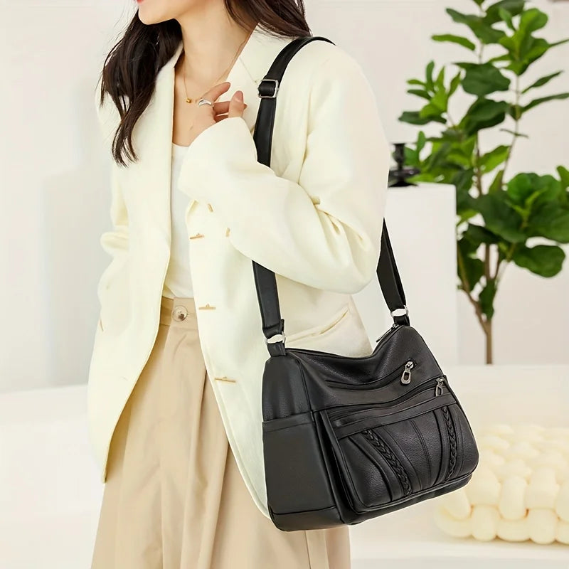 Braided Detail Crossbody Bag – Women's Multi-Pocket Faux Leather Shoulder Purse