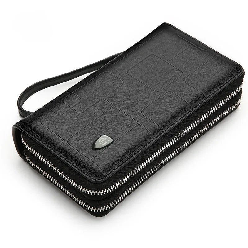 Top Layer Leather Men S Double Zipper Wallet Mobile Phone Storage Multi-Function Large Capacity Hand