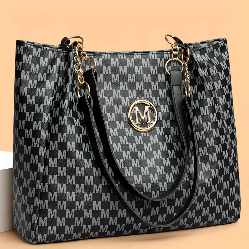 Large Monogram Tote Bag Women Vegan Leather Shoulder Bag