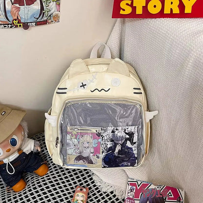 Kawaii Cat Ita Bag Backpack with Pin Display Pocket – Y2K Harajuku Style