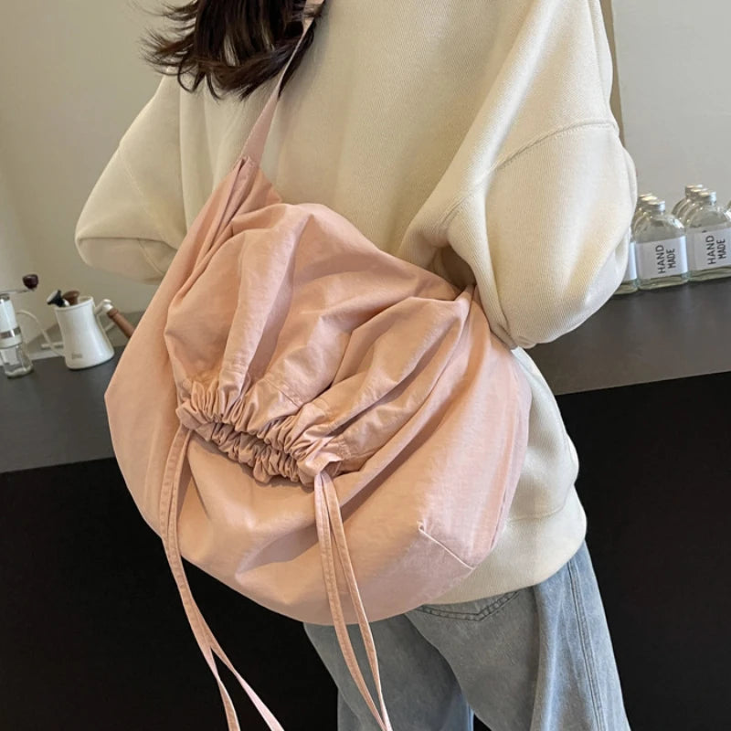 Women Drawstring Shoulder Bag Solid Color Sling Adjustable Strap Lightweight Shopping Girls Outdoor