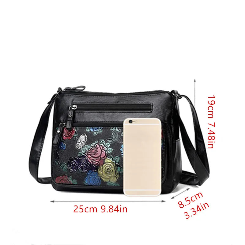 Rose Floral Embossed Leather Crossbody Bag for Women