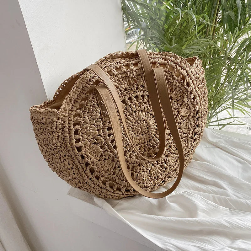 Round Straw Bag Women Handmade Crochet Beach Shoulder Tote
