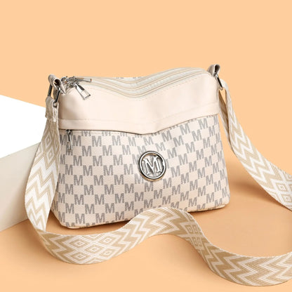 Letter Print Crossbody Bag – Triple Zipper Leather Shoulder Purse