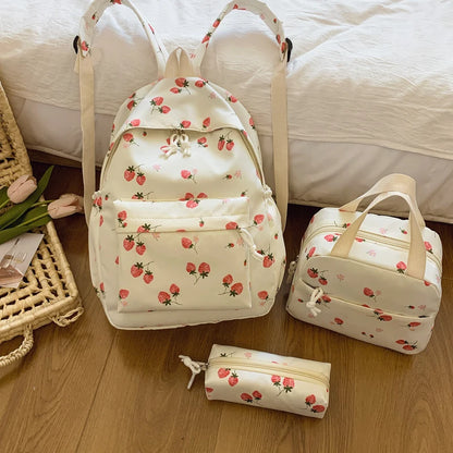 Cute Strawberry Pattern Backpack Set 3pcs Handbag Pencil Case Reinforced Nylon Dual Zipper School