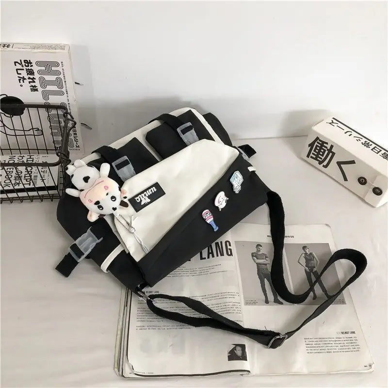 Harajuku Nylon Messenger Bag with Cute Badge Pins – Large Capacity
