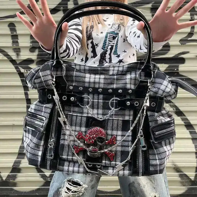 Plaid Canvas Shoulder Bag – Y2K Harajuku Large Handbag