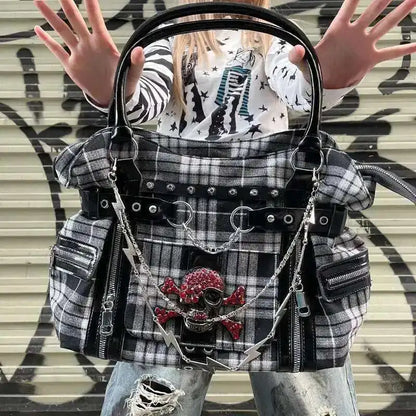 Plaid Canvas Shoulder Bag – Y2K Harajuku Large Handbag
