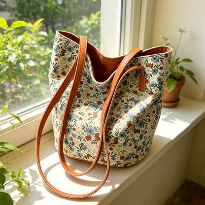 Floral Canvas Bucket Tote Bag – 3D Embossed Print Women's Shoulder Bag