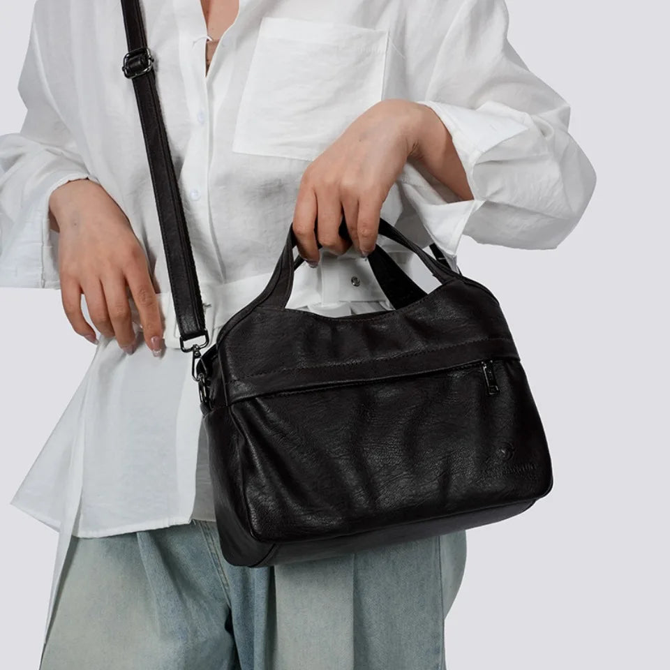 Washed Leather Crossbody Bag for Women – Multi-Pocket Shoulder Handbag