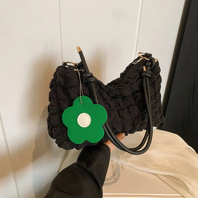 Bubble Quilted Shoulder Bag with Knotted Strap & Flower Charm