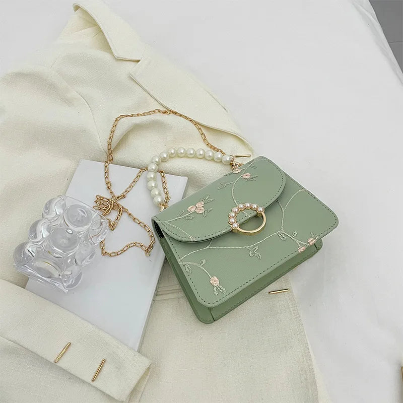 Pearl Chain Floral Embroidered Mini Shoulder Bag