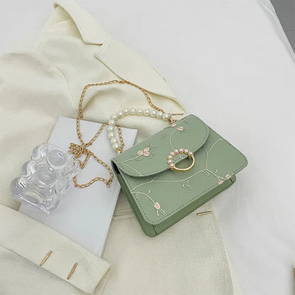 Pearl Chain Floral Embroidered Mini Shoulder Bag