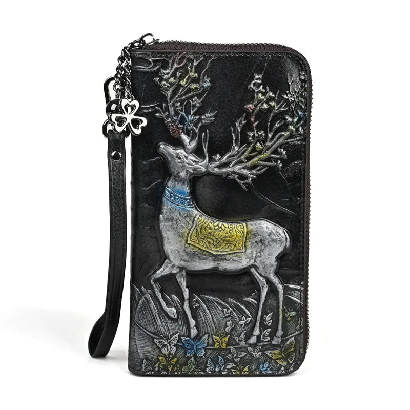 Top Layer Cowhide Coin Purse Deer-Head Embossed Multi-Position