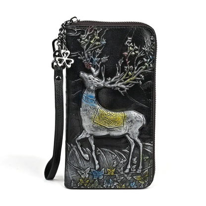 Top Layer Cowhide Coin Purse Deer-Head Embossed Multi-Position