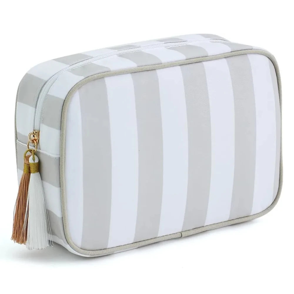 Large Striped Portable Cosmetic Bag Women Tassel Zipper Makeup Capacity Pouch Bags Casual Tote