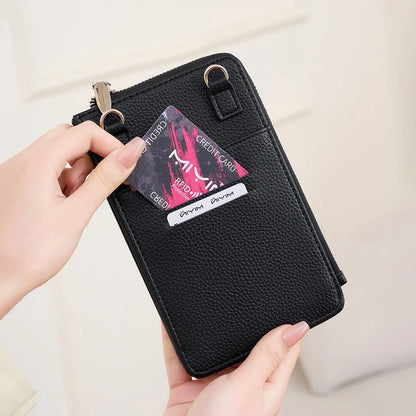 Litchi Pattern Soft Leather Vertical Mobile Phone Bag Ladies Shoulder Crossbody Multi-Card Storage