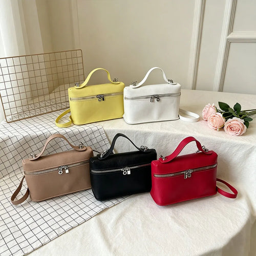 Minimalist Trend Solid Color Box Bag Litchi Pattern Portable Carrying Crossbody Daily Commuting