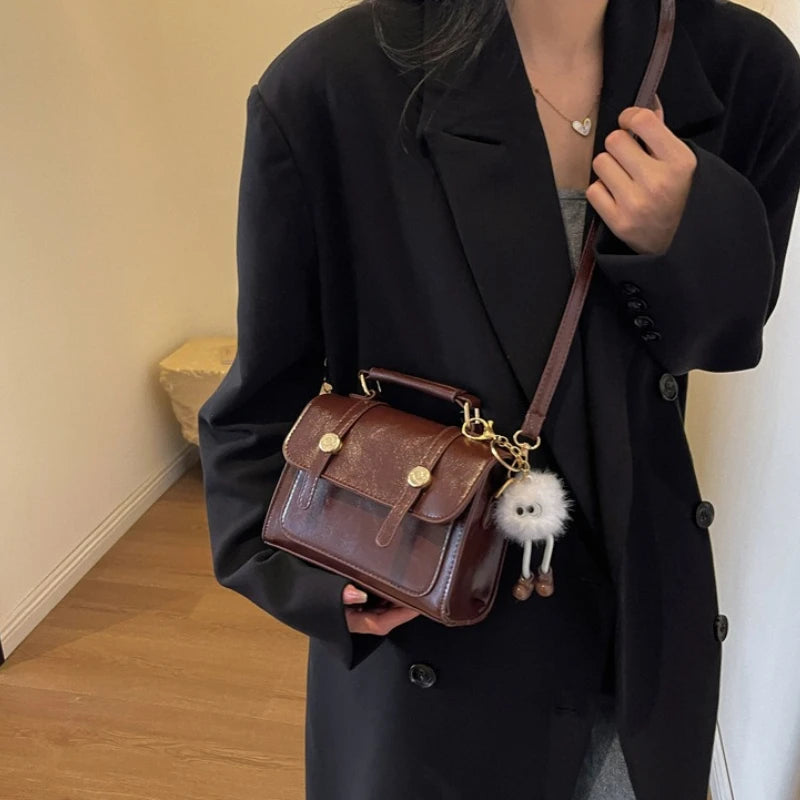Vintage Crossbody Bag – Faux Leather Shoulder Bag with Plush Charm & Gold Button Detail