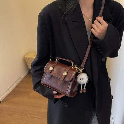 Vintage Crossbody Bag – Faux Leather Shoulder Bag with Plush Charm & Gold Button Detail