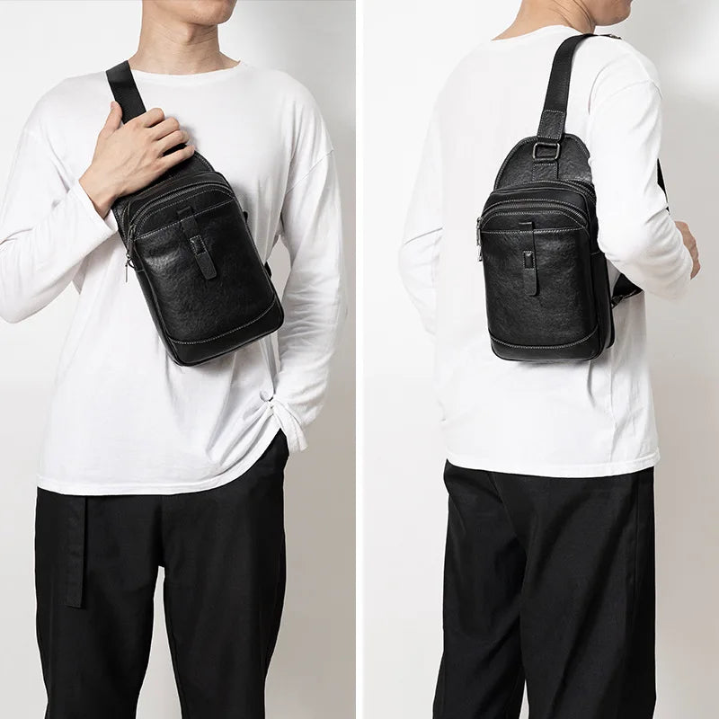 Men S Genuine Leather Simple High-End Chest Bag Multiple Compartments Large Capacity Travel