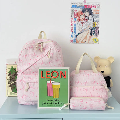 Elegant Sweet Bow Print Three Piece Backpack Set Nylon Lightweight Large Capacity Campus Commuting